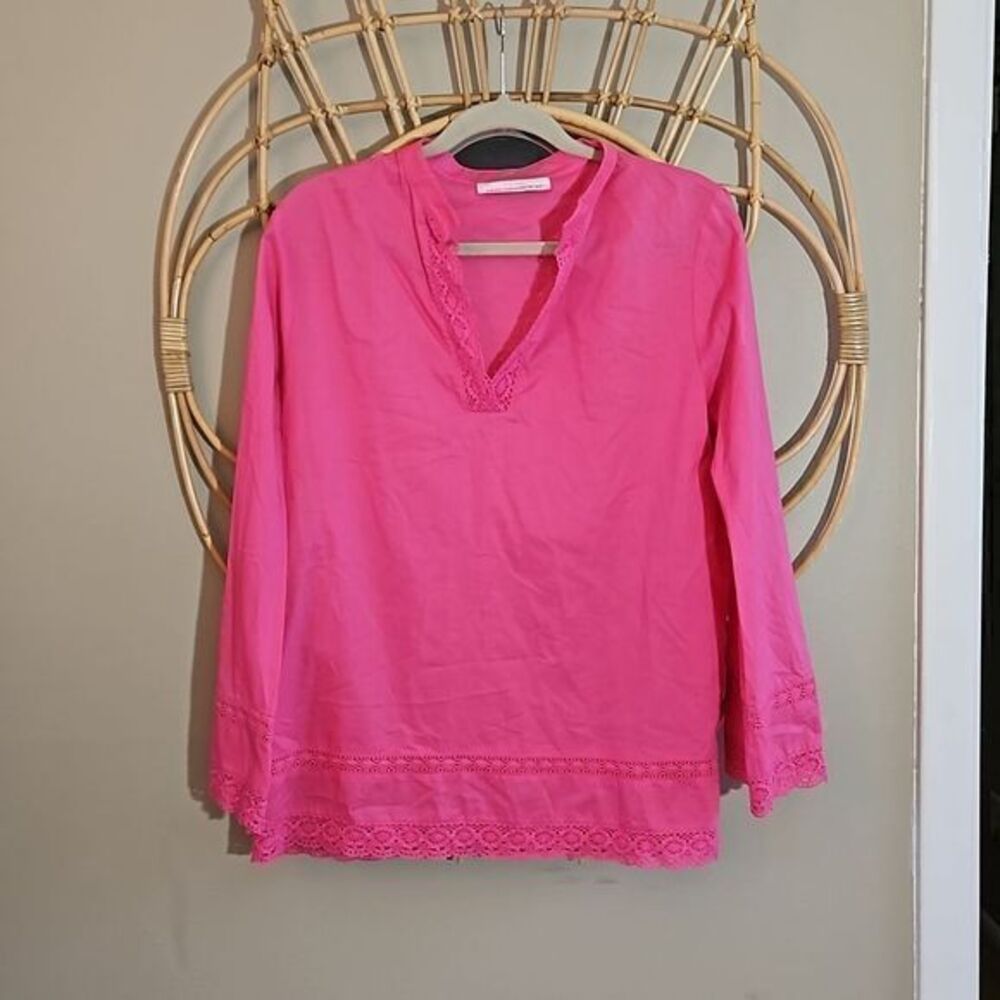 Jones New York Sport Pink Lightweight‎ Crochet Detail Summer Open V Tunic Top